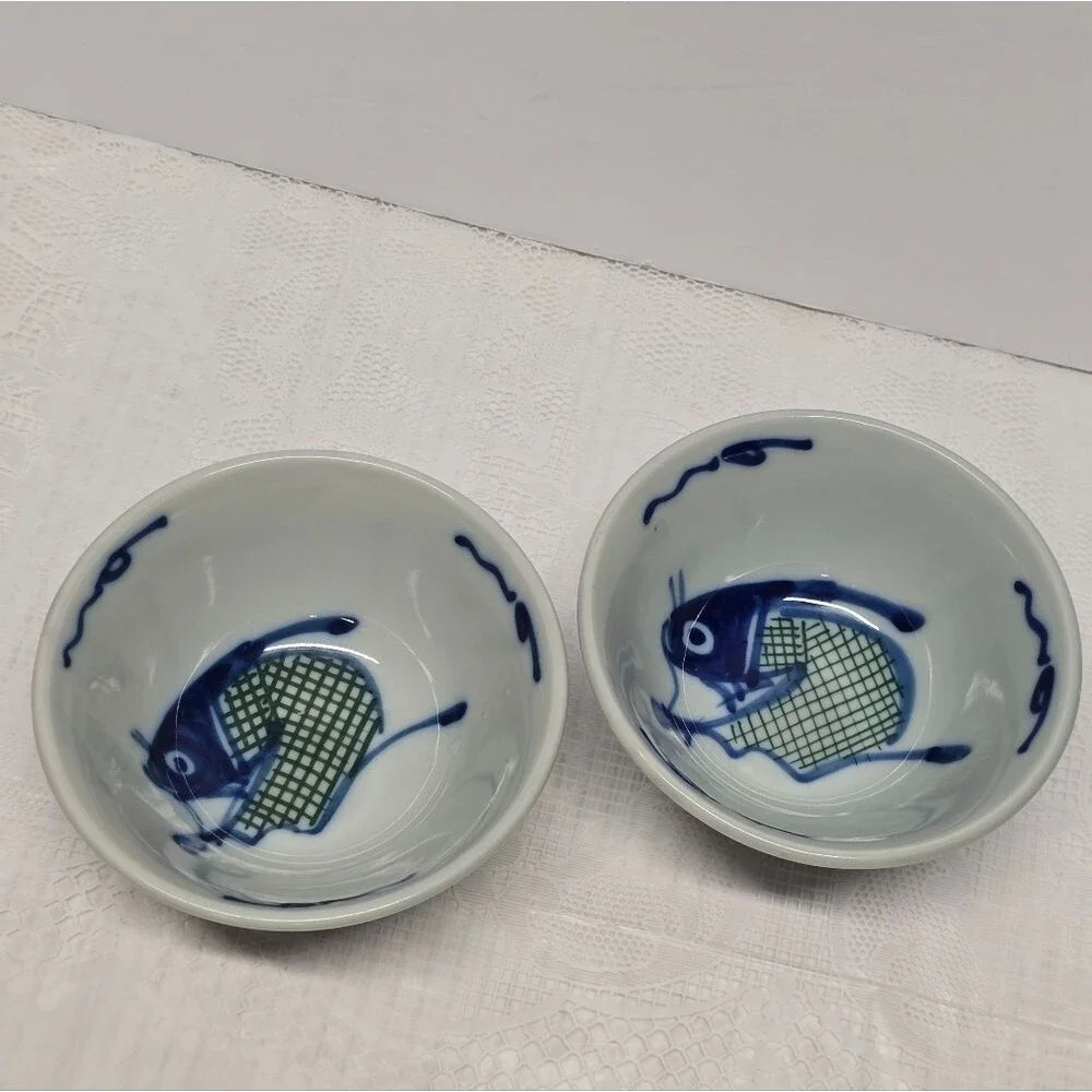 Vintage Asian Koi Catfish Carp Fish Porcelain Handpainted Rice Bowls Set Of 2